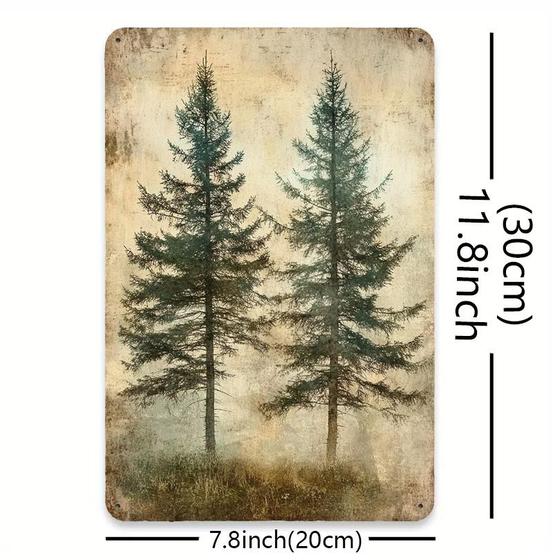 [2D Flat] Mystical Evergreens 2D Tin Painting - Hazy Horizon Design, Ideal for Bathroom, Room, Bar, Field Road Sign Decor, Perfe