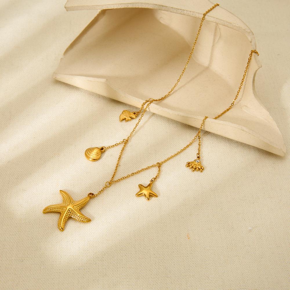 European and American 18k Gold Plated Tropical Fish Starfish Shell DIY Pendant Necklace Women's Stainless Steel Jewelry Niche Design