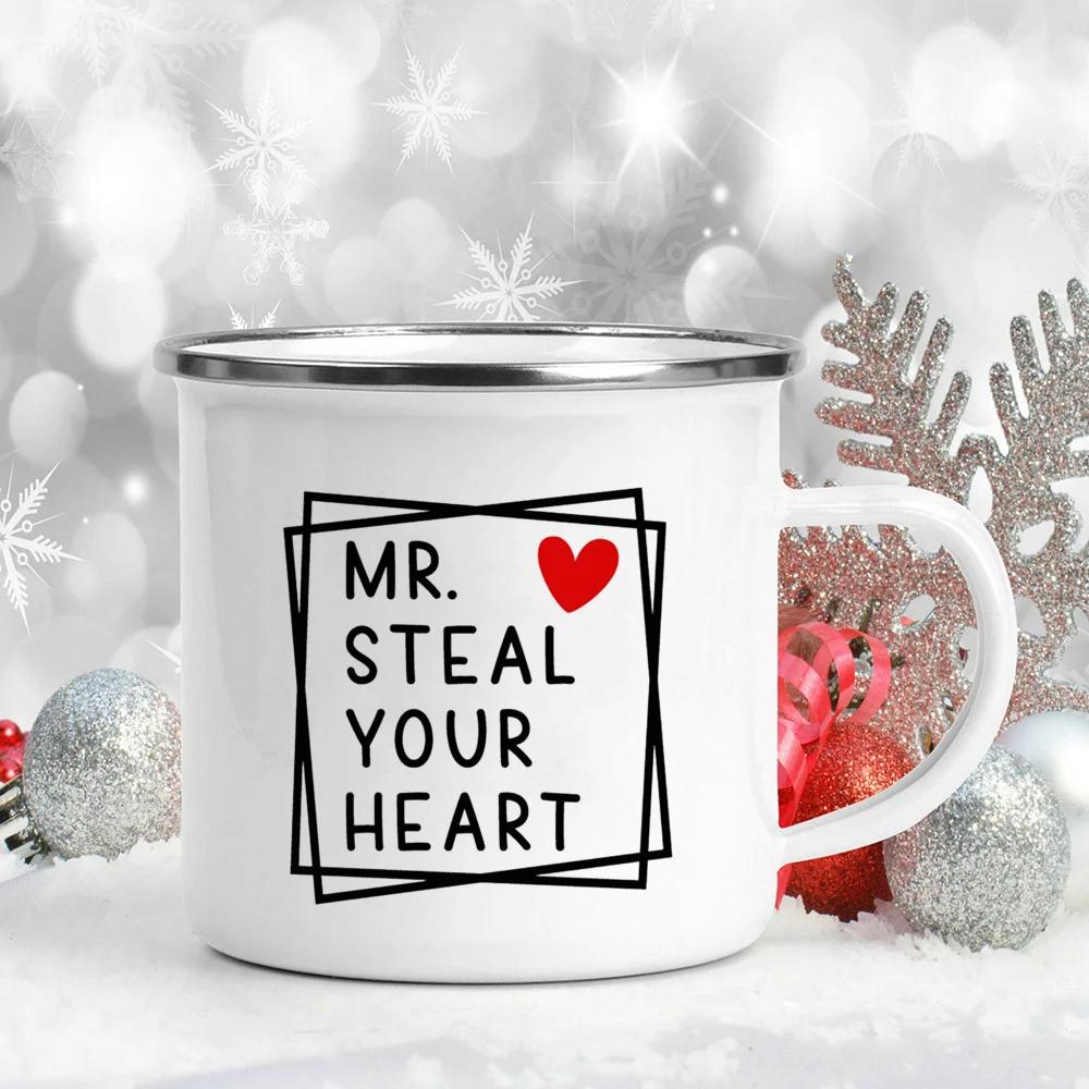 Love Heart Printed Camping Mug Valentine Party Juice Milk Cup Coffee Cups Enamel Mugs Valentine's Day Gifts for Family Friends