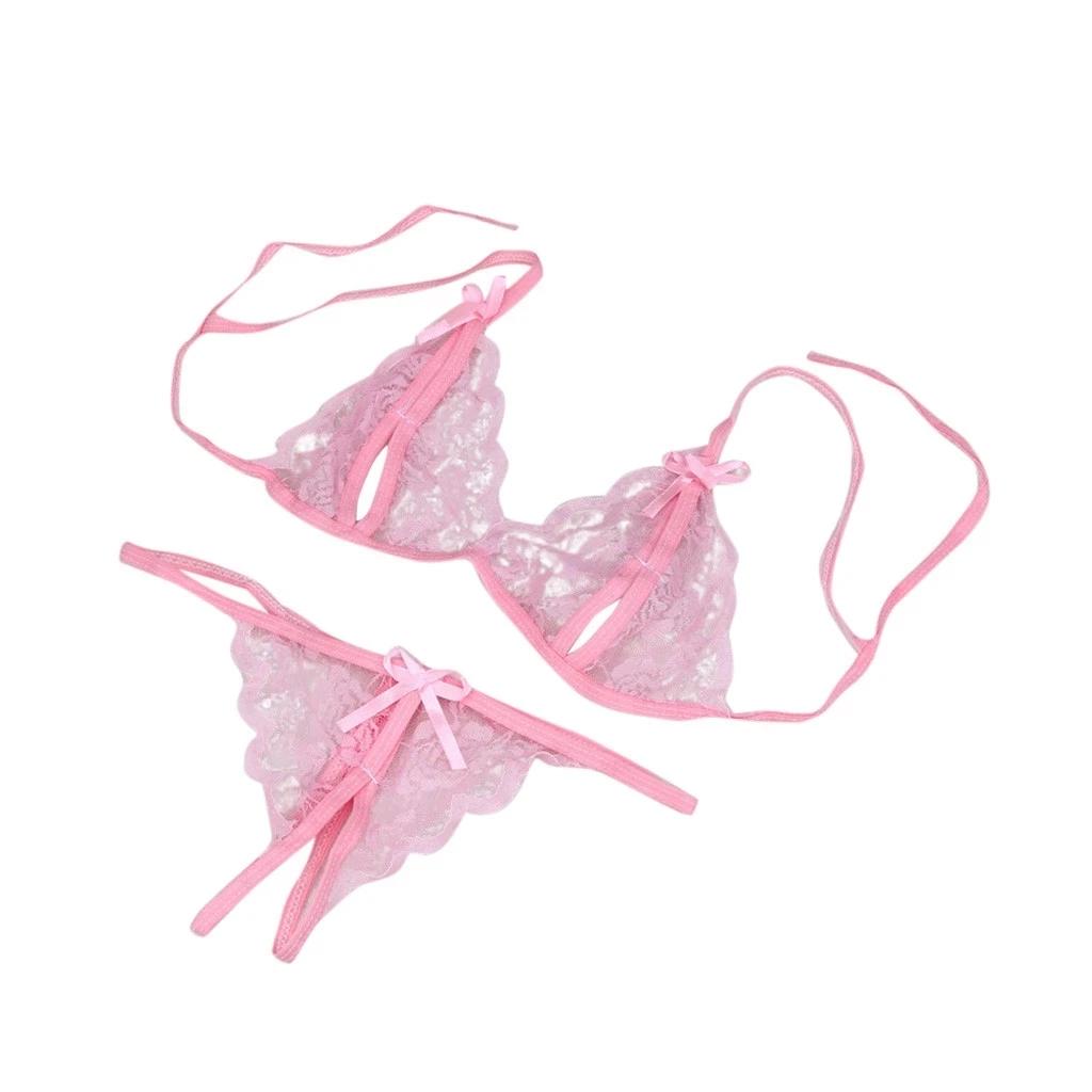Sexy Women Lady Lingerie see through Lace Underwear Sleepwear lace up bra +Open Crotch G-string Erotic set For Woman
