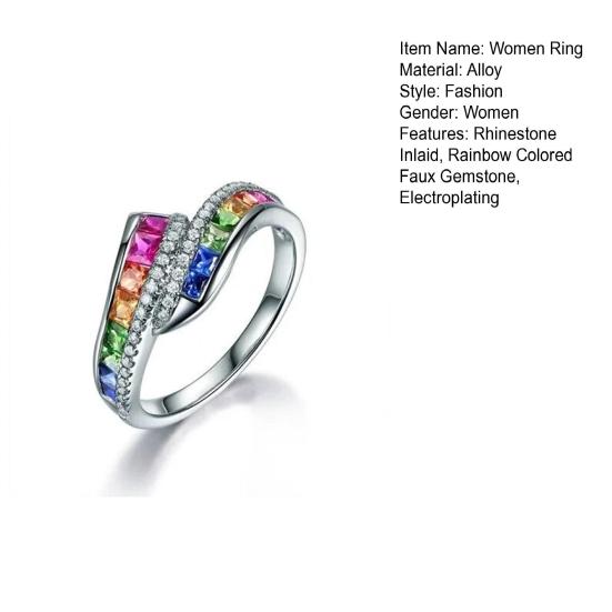 Yousheng Women Ring Shiny Rhinestone Inlaid Sparkling Geometric Electroplating Decoration Gift Rainbow Colored Faux Gemstone Party Ring Jewelry for