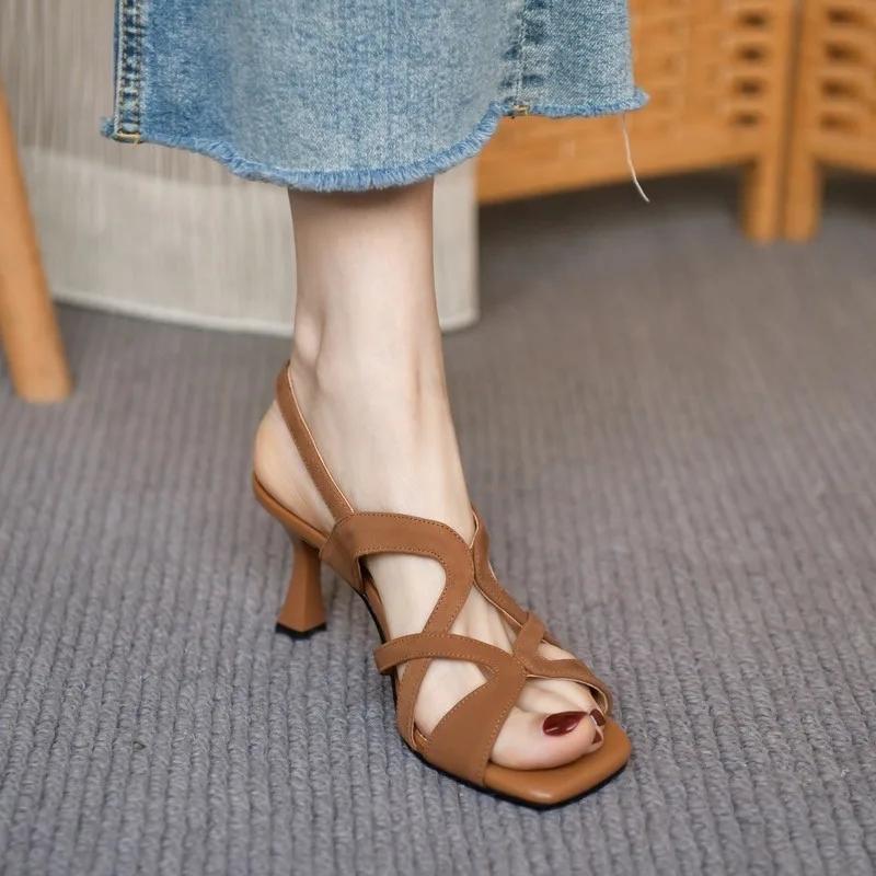 Fashion 2025 Summer New Square Toe Open Toe Women's Sandals Back Trip Strap Cutout Stiletto Versatile Silver Pump Shoes