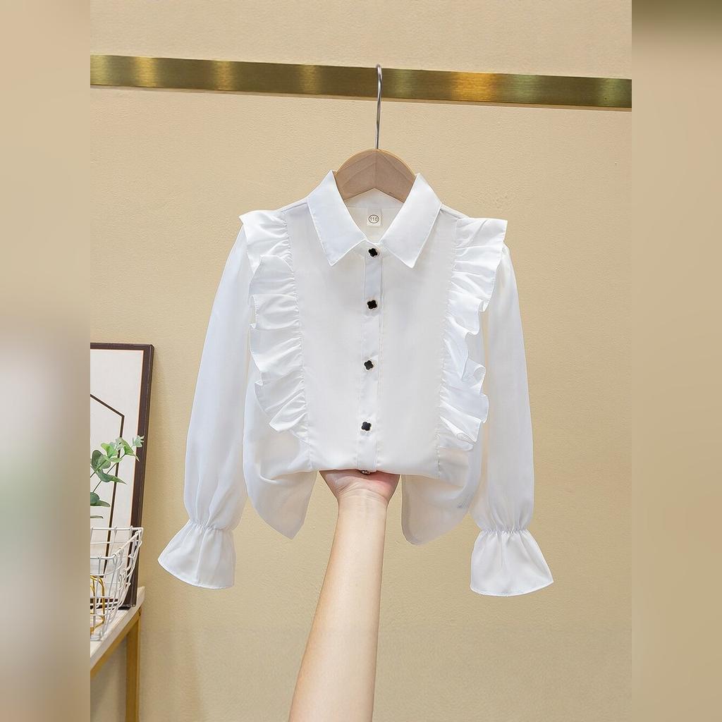 Girls White Blouse Long Sleeve Ruffle Lace Trim Viscose Shirt Children Student Class Uniform Schoolwear Spring Autumn Kids Top Fashion Design Layering