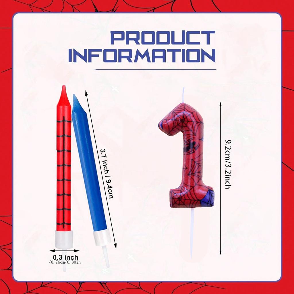 7pcs Red Blue Spider 8th Birthday Number Candles, Number 0-9 Candle Cake Topper Decorations for Spider Cartoon Themed Parties