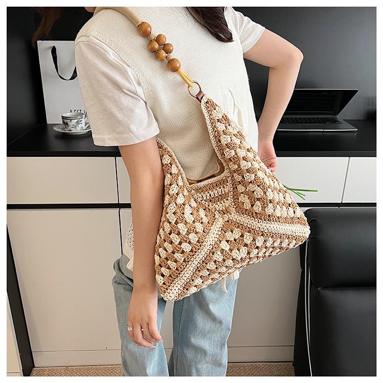 Stricktasche mit großer Kapazität Damen Sommer Neue Holzperlen Gewebte Umhängetasche Wolle Häkel-Einkaufstasche