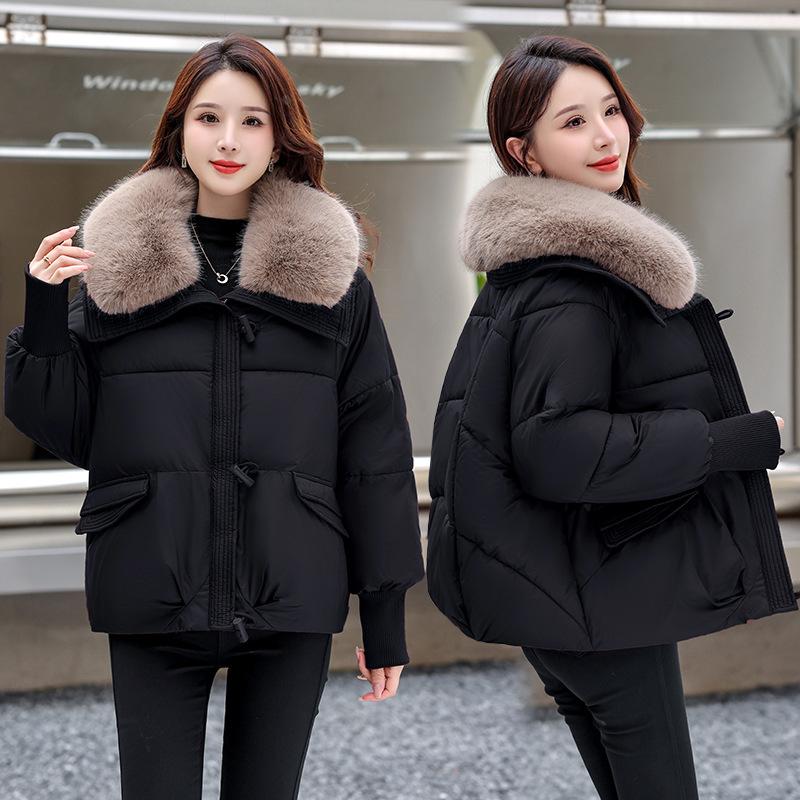 

Short down cotton clothes women s winter new fashion loose Maillard big fur collar thickened warm jacket L чёрный