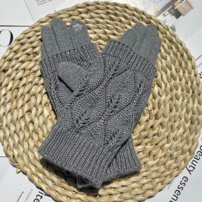 Two-Piece Women'S Gloves, Warm And Cold-Proof Outdoor Travel Touch-Screen Gloves, Non-Pouring Fleece, Double-Mouth Knitted Gloves