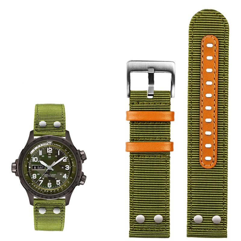 Nylon+Leather Watchband For Sei-ko Hamilton Khaki Aviation Beyond Wind Series Canvas with Rivet Military Watch Band Strap 22mm