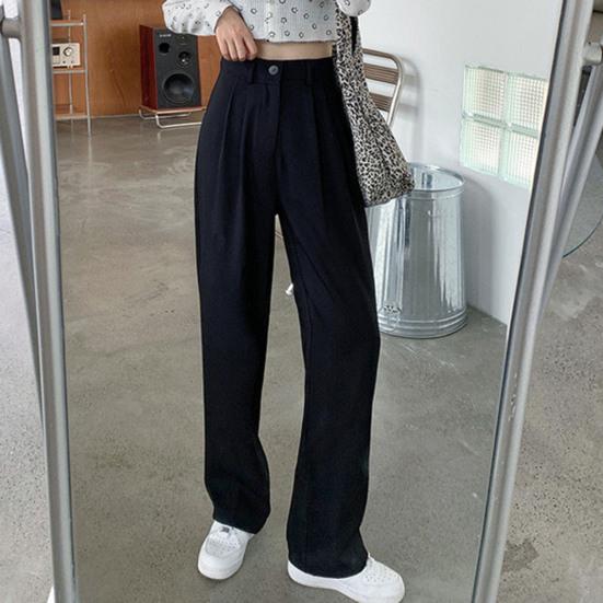 Women Suit Pants Button Zipper Fly High Waist Long Trousers Solid Color Straight Wide Leg Office Lady Pants