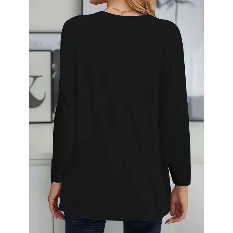 Plus Size Women's Casual Long Sleeve T-Shirt - Heart Rhinestone Design, Side Pockets, Stretch Fabric Crew Neck Top