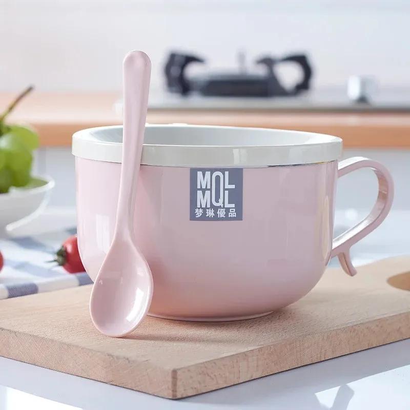 2025 Korean Stainless Steel Double-layer Ramen Noodles Bowl Anti-scalding Instant Noodle Bowl Cute Bunny with Lid And Spoon Tableware