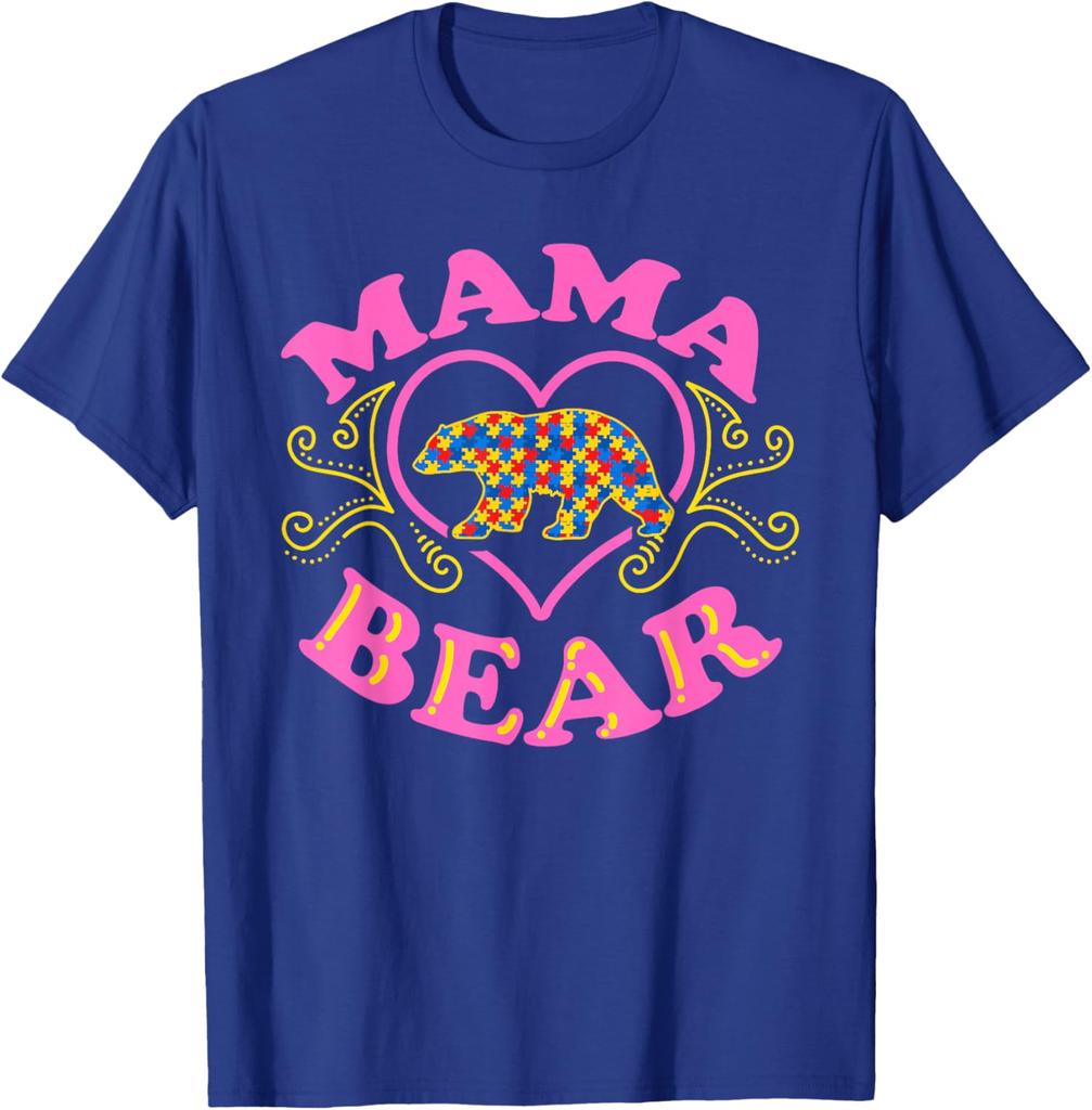 Mama Bear Autism Awareness Puzzle Bear Graphic T-Shirt Casual Short Sleeve Crewneck Tee
