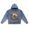 DTG Print Knitted Denim Zip-Up Hoodie Japan Samurai Brother Print Zipper Hoodies  