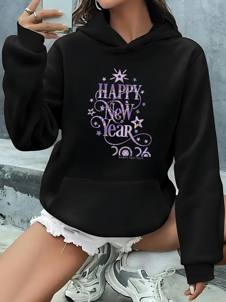 2026 New Style Women's Hoodie New Year Theme Print Casual Hoodie Comfort Warm Front Pocket Pullover Lined Thickened Winter Festiva