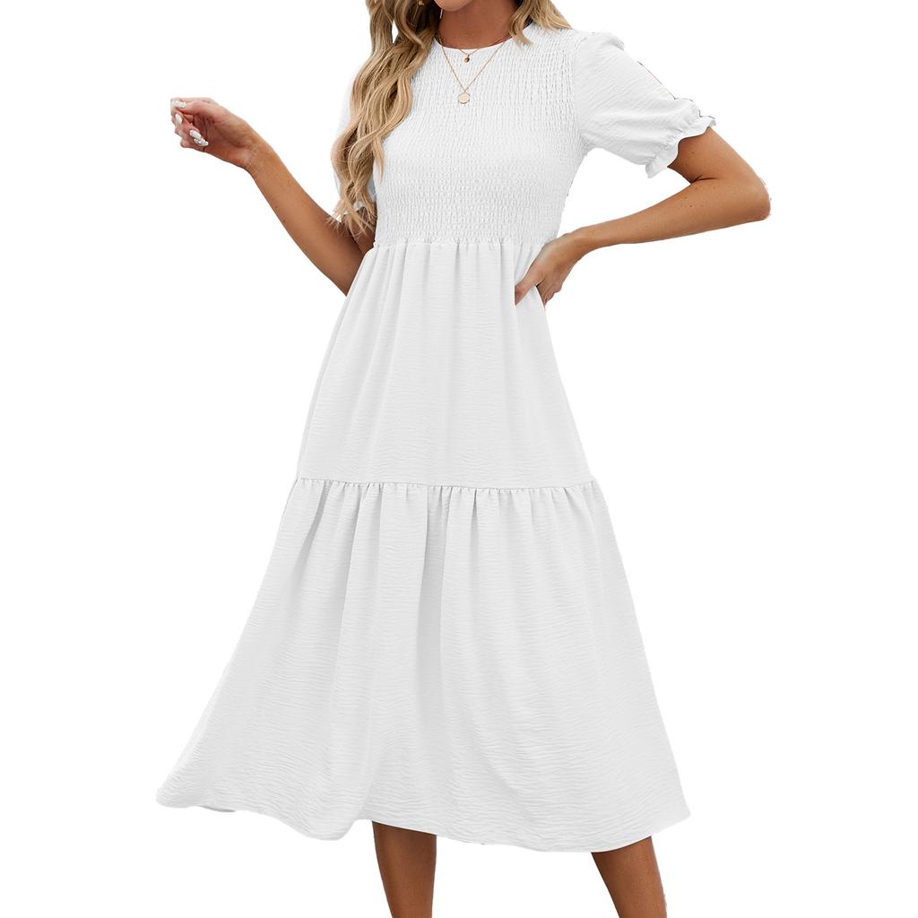 Summer Women's Dress Solid Color Round Neck Patchwork Short Sleeve Dress