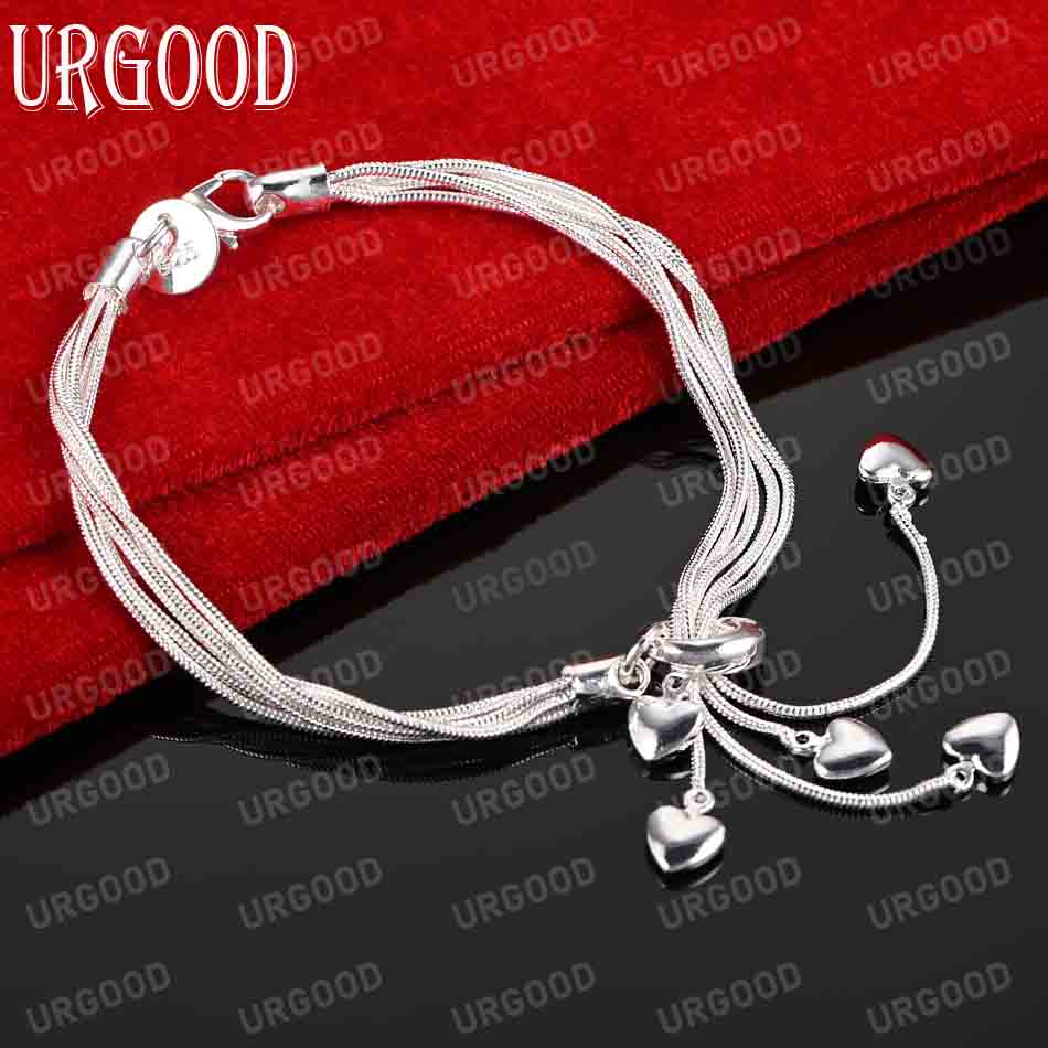 925 Sterling Silber Schlangenkette Herz Anhänger Armband Mode Hochzeit Schmuck