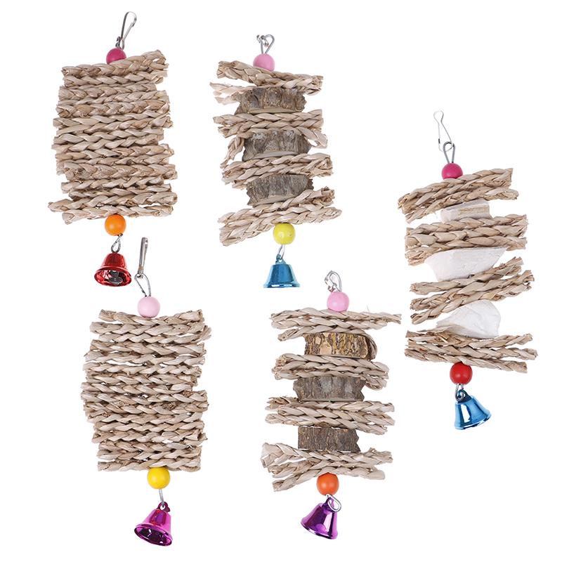 Parrot Bird Toys Natural Wooden Grass Chewing Bite Hanging Cage Bell Swing Climb