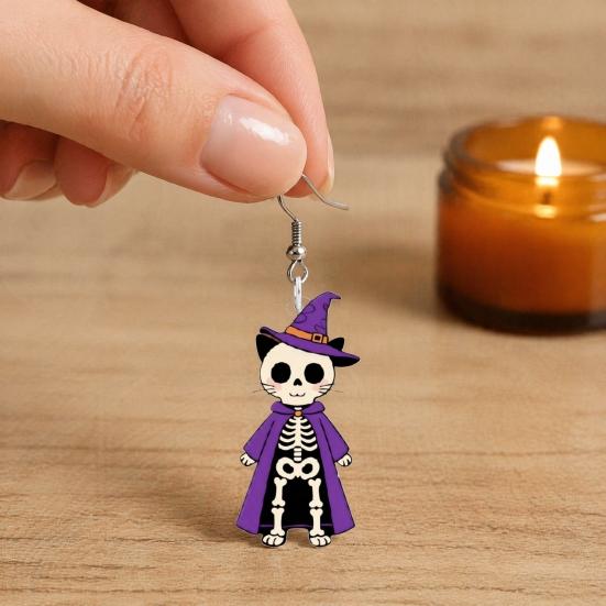 Acrylic Dangle Earrings 1 Pair Halloween Skeleton Cat Drop for Women, Witch Hat Skull Hoop Earring, Theme Jewelry Gift Sweet Cool