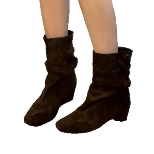 Cowboy Boots Niche Inner Height Increasing Soft Leather Square Head French Pleated Suede Skinny Boots Short Boots Women's Pile Boots Western