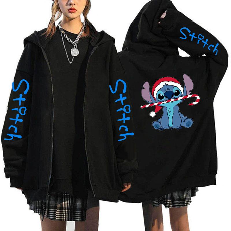 Oversized Y2k Zip-up Hettegenser Disney Dame Lilo & Stitch Kostyme Vinterklær Dame Langermet Varm Jakke Zip-up Street Topper