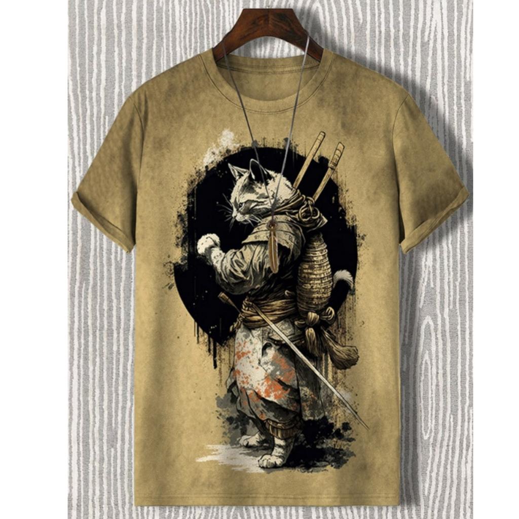 Men's T-Shirt Japanese Style Samurai Cat Graphic 3D Printed T-Shirt Casual Short Sleeved Tee Outdoor Oversized Men Clothing Tops
