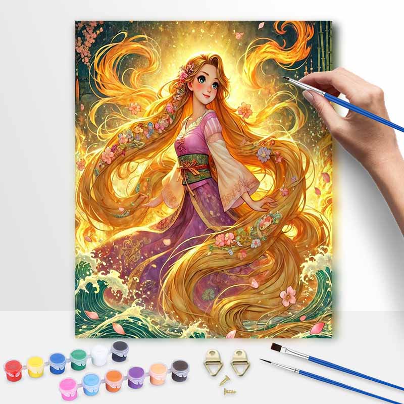 Disney Rapunzel Oil Painting Kit, Home Decor Handmade Gift, Tangled Princess Art, Golden Hair Fantasy Portrait DIY Canvas Wall Craft