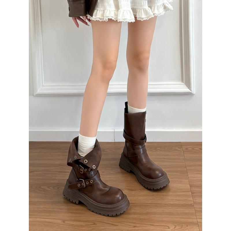 Cowhide version~ Leather platform Maillard medium tube short boots women's 2025 new British style retro brown Martin boots