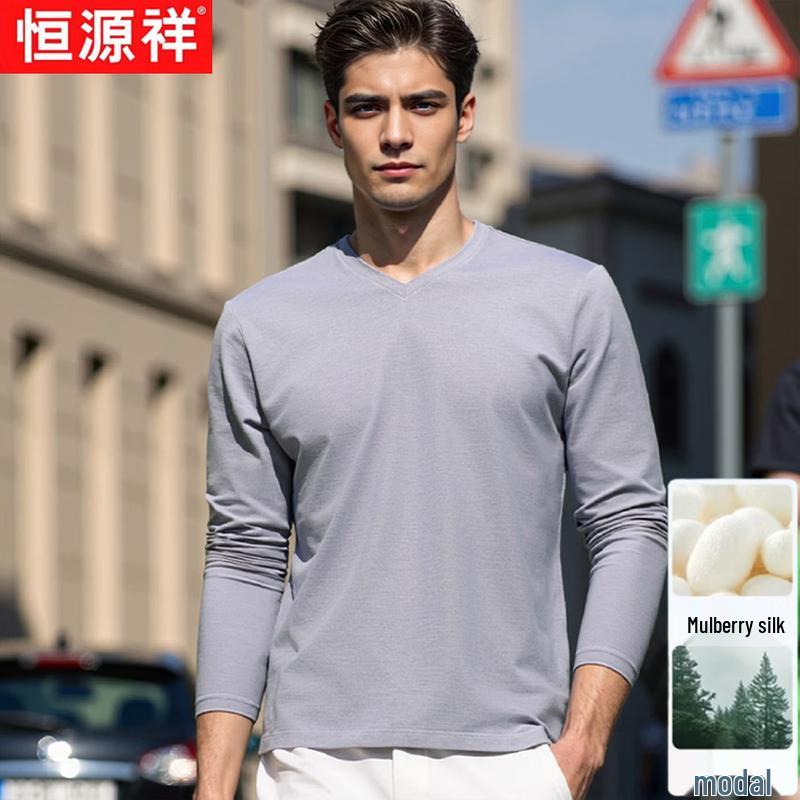 Men's Mulberry Silk Blend V-Neck Long-Sleeve T-Shirt