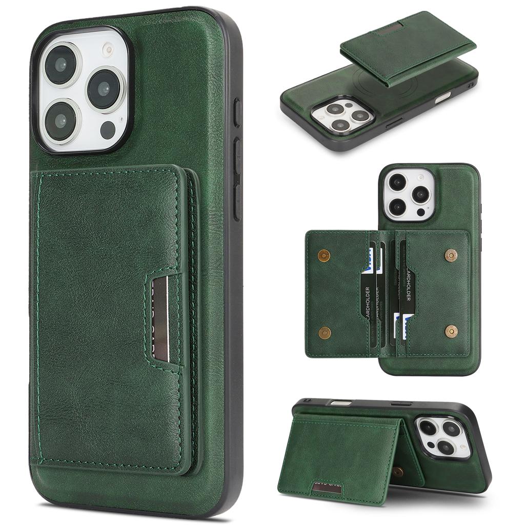For iPhone 15 Pro Kickstand Case Bi-fold Card Bag PU Leather Coated TPU Cover Compatible with MagSafe