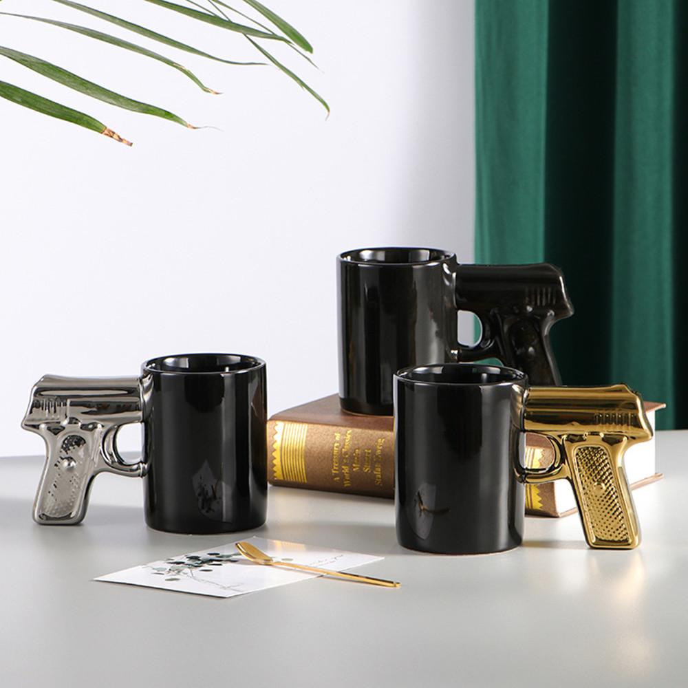 350ML Ceramic Coffee Mug With Gun Handle Funny Porcelian Cup Black Beer Mug Juice Milk Water Drinkware