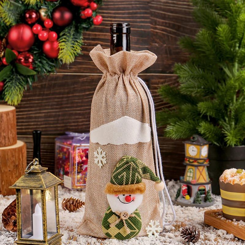Christmas Linen Old Man Figurine Wine Bottle Cover Holiday Hotel Dining Table Cartoon Three-Dimensional Drawstring Wine Bag