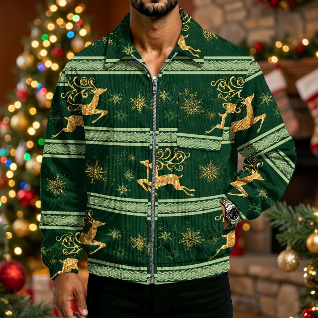 Men's Corduroy Zip-Up Jacket with Pockets, Long Sleeve Casual Coat with Christmas Print