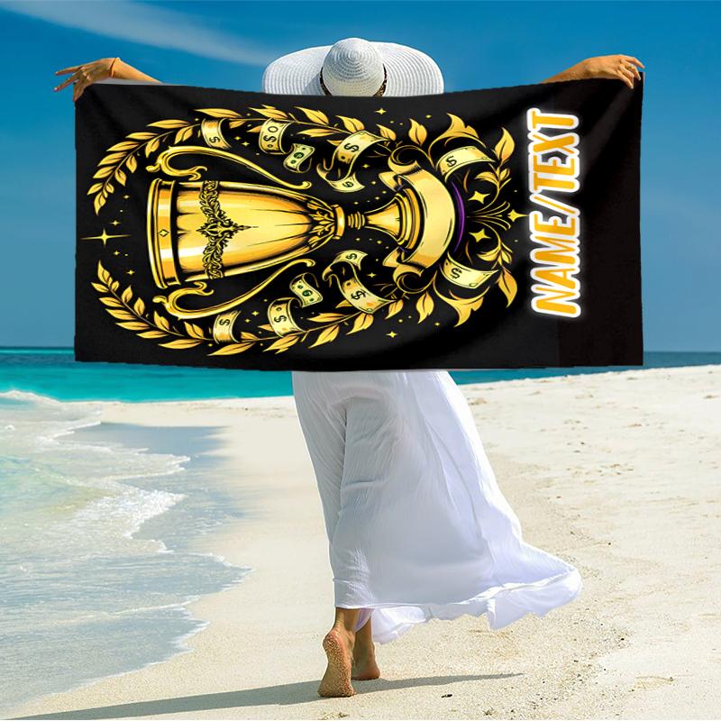 1PC Custom Name Golden Trophy Achievement Beach Towel Highly Absorbent And Sand-Resistant Towel for Swimming, Pool, Yoga, And Travel Lightweight