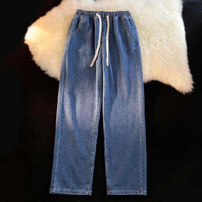 Four Seasons Streetwear Loose Jeans Men Korean Style Fashion Loose Straight Wide Leg Pants Men's Brand Clothing Black Light Blue