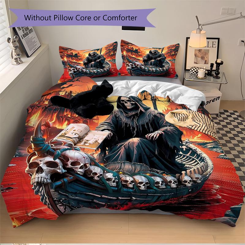 3pcs Death's Serene Journey Printed Quilt Set - Includes 1 Quilt Cover and 2 Pillowcases, Machine Washable - Suitable for All Seasons.J020