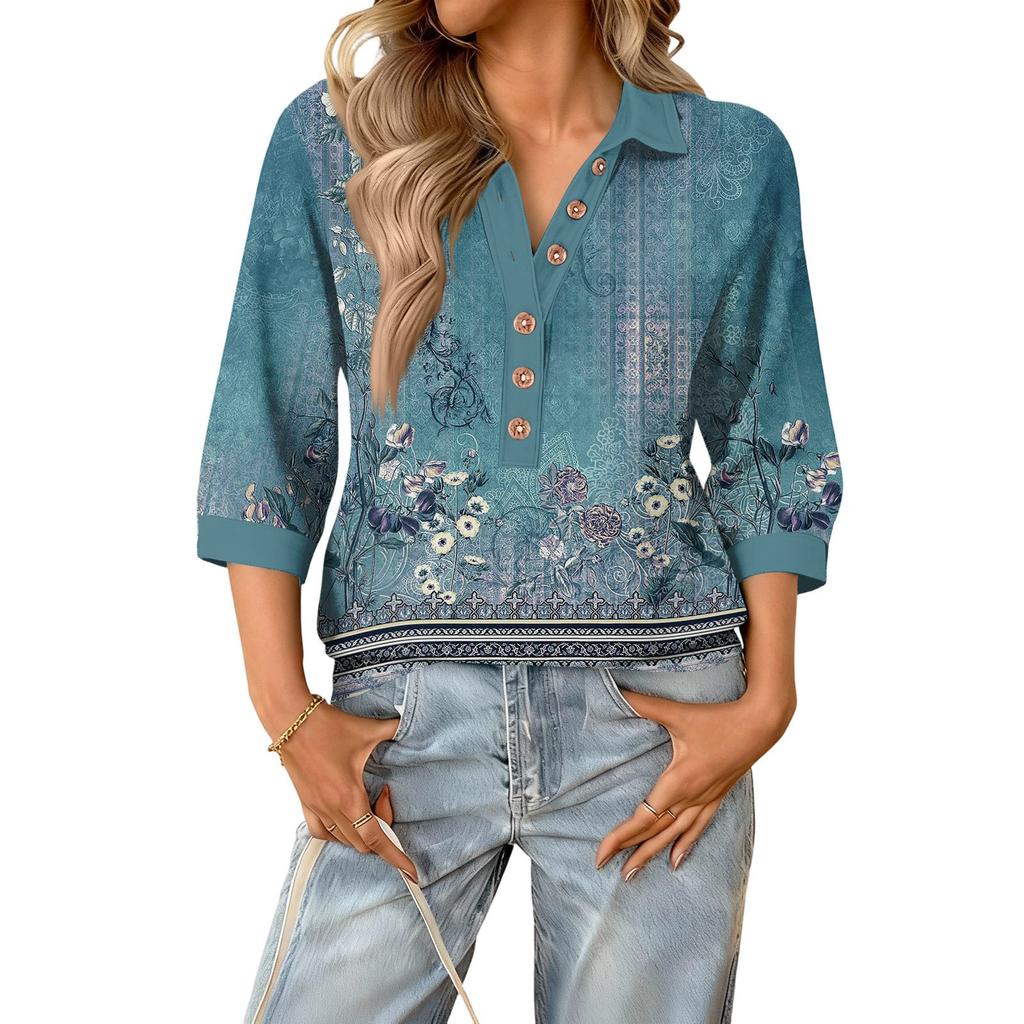 Damen modisches und lässiges Sommer V-Ausschnitt Patchwork Dreiviertelarm Retro Oberteil