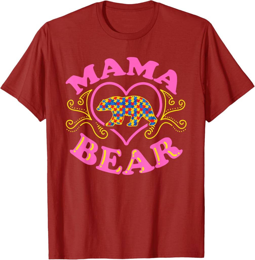 Mama Bear Autism Awareness Puzzle Bear Graphic T-Shirt Casual Short Sleeve Crewneck Tee