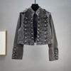 Womens Denim Jacket 2026 Fall Slim Fit Button Decor Stand Collar Long Sleeve Short Coat Streetwear
