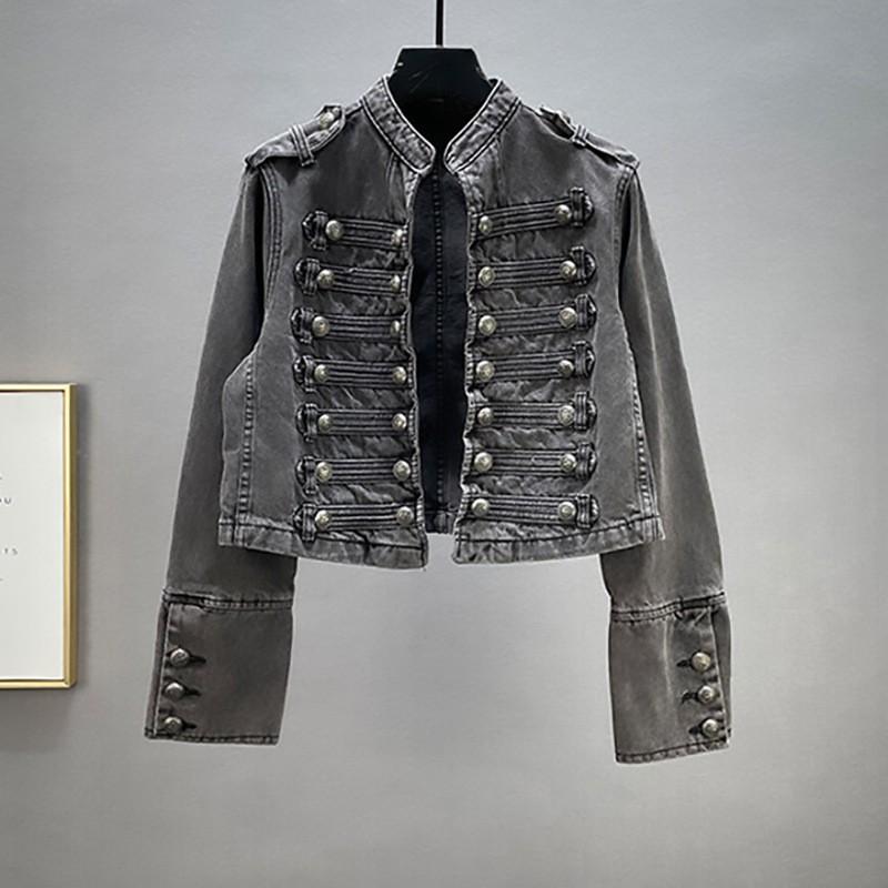 Womens Denim Jacket 2026 Fall Slim Fit Button Decor Stand Collar Long Sleeve Short Coat Streetwear