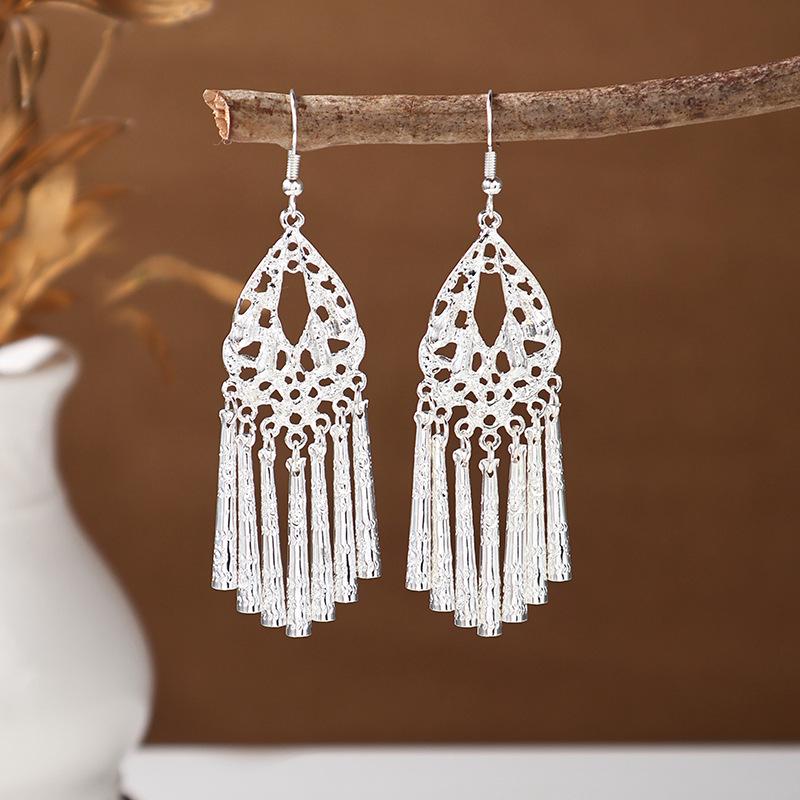 Ethnic Miao Silver Tassel Earrings - Retro Long Dangle Scenic Studs for Women