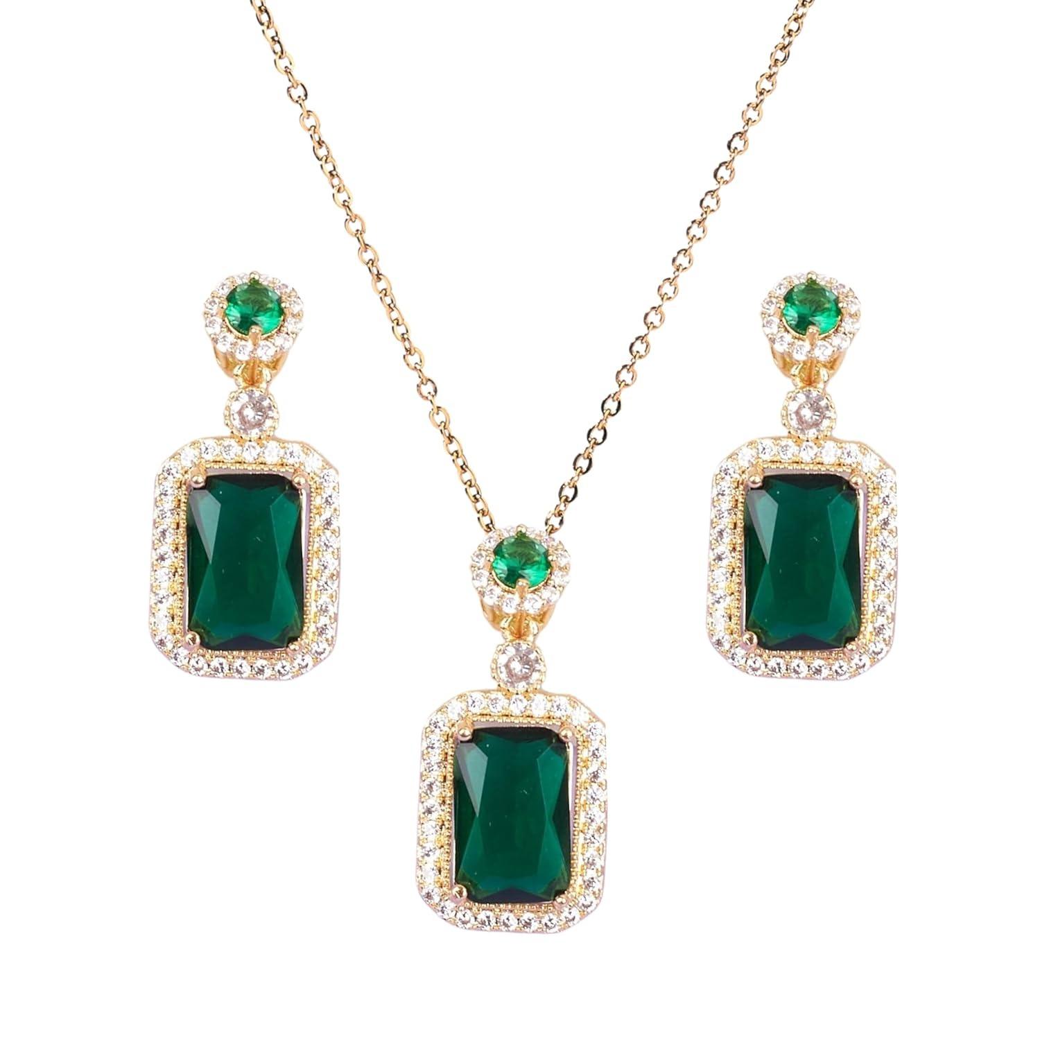 

Anti Tarnish Green Emerald Jewellery Set for Women | Gold Plated Necklace & Earrings Gift Box | Latest Stylish Minimal Jewelry Sets Onesize зелений