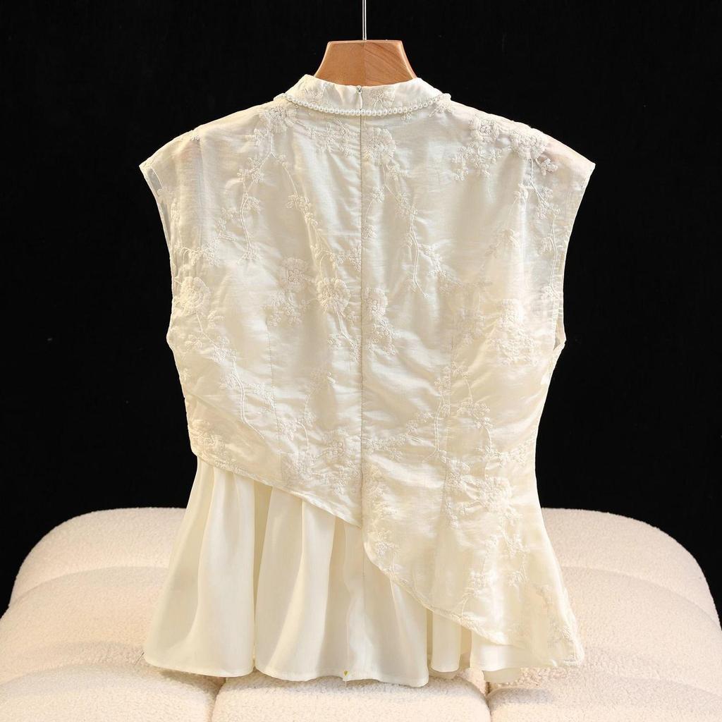 Chinese Stand-up Collar Shirt Top Irregular Embroidered Shirt Buckle Summer Senior 2025 Shirt