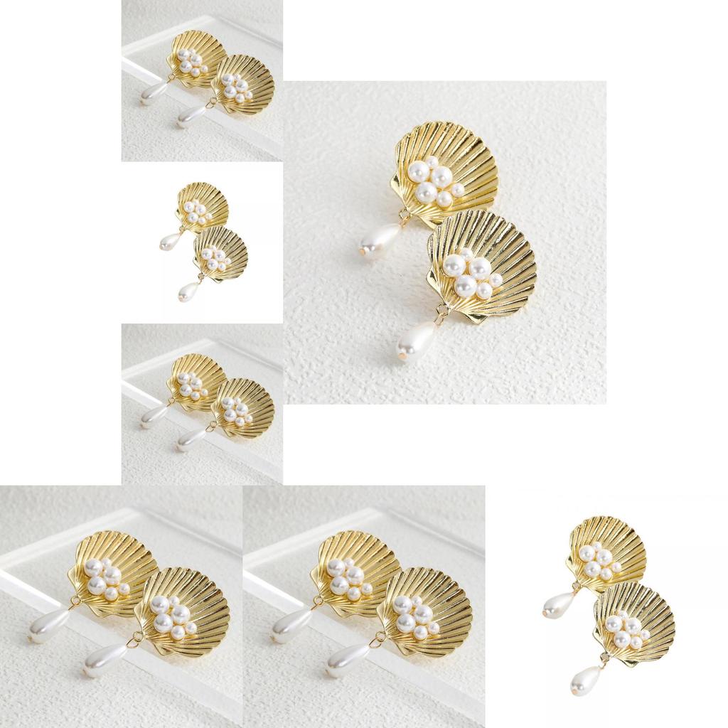 Trendy European American Natural Shell Pearl Earrings Chic Geometric Design Stylish Gold Alloy Jewelry