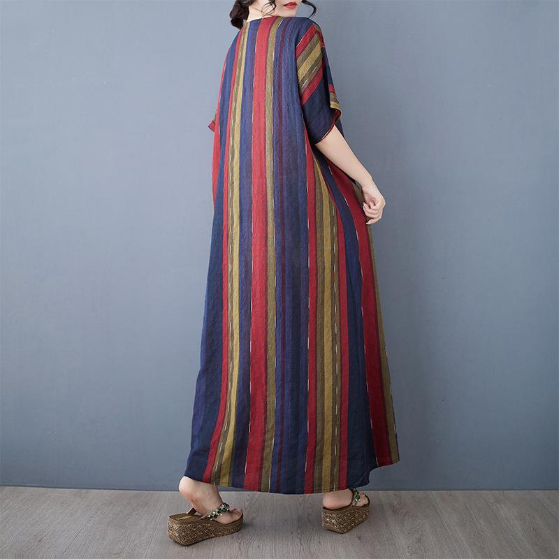 Summer Thin Cotton Linen Print V-neck Loose Oversized Simple Casual Vacation Style Medium Long Dress for Women Dresses