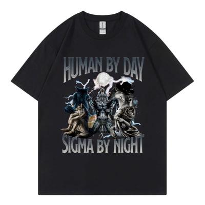Mensch bei Tag Sigma bei Nacht Lustige Wolf Grafik T-Shirts Gothic Mode Vintage T-Shirt Lässige Übergroße Baumwoll-T-Shirts Unisex