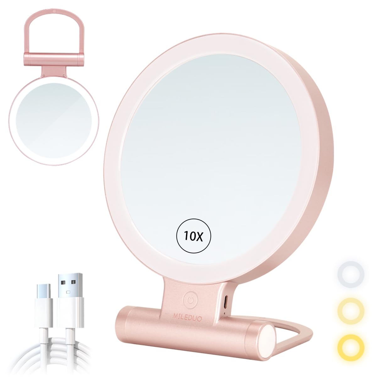 

Светодиодное зеркало для макияжа с 1-кратным и 10-кратным увеличением, регулируемым тремя цветами, USB, 18 см, компактное, складное, можно использовать на или Двустороннее увеличение, режимы, яркость, розовый
