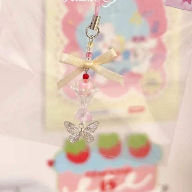 Mode Schmetterling Herz Perlen Anhänger Handy Kette Tasche Schlüsselanhänger Riemen