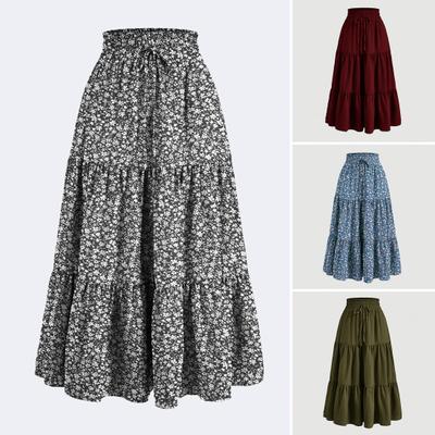 Women Skirt Elastic High Waist Lace-up Swing Skirt Bohemia Style Floral Print Ruffle Stitching Hem Long Skirt
