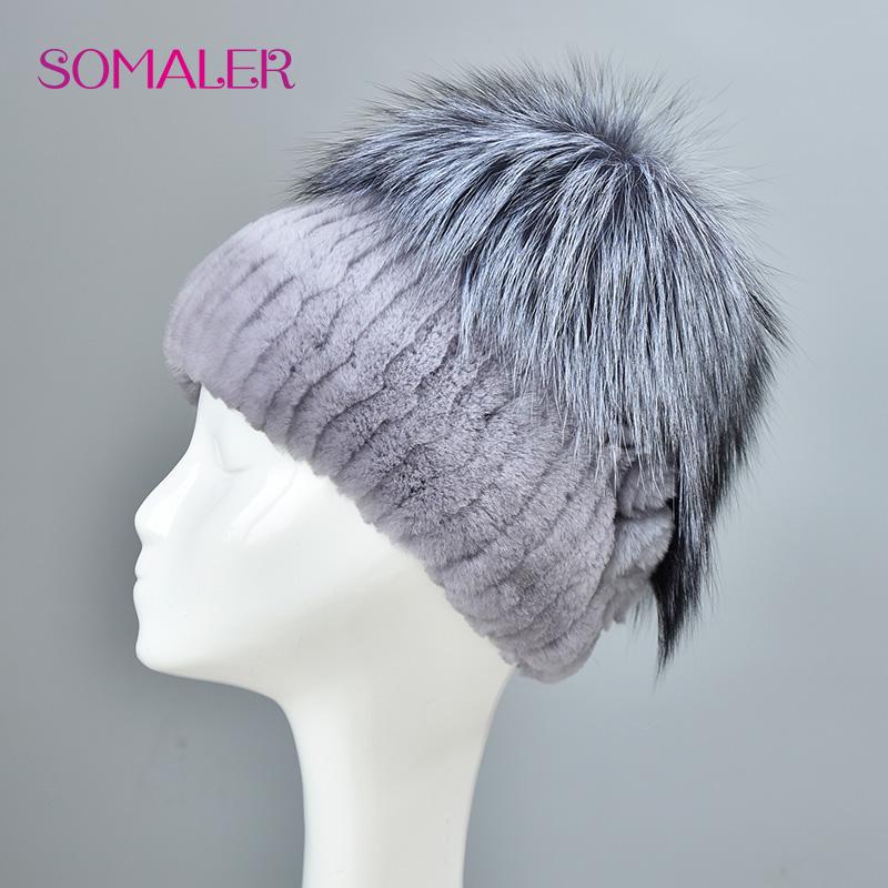 SOMALER Winter Rabbit Fur Hats with Beautiful Fur Flowers on Back Silver Fox Fur Beanie for Women