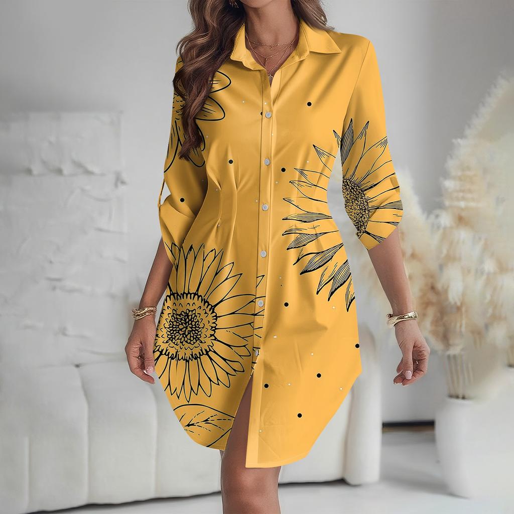 Women's Loose-fitting V-neck Long-sleeved Dress Print Work Shirt Dress